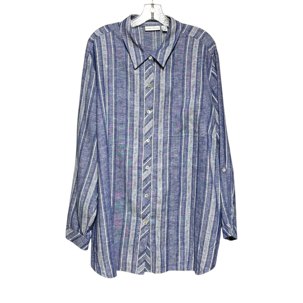 Susan Graver Linen Long Sleeve Button Up Blouse Top Blue 2X